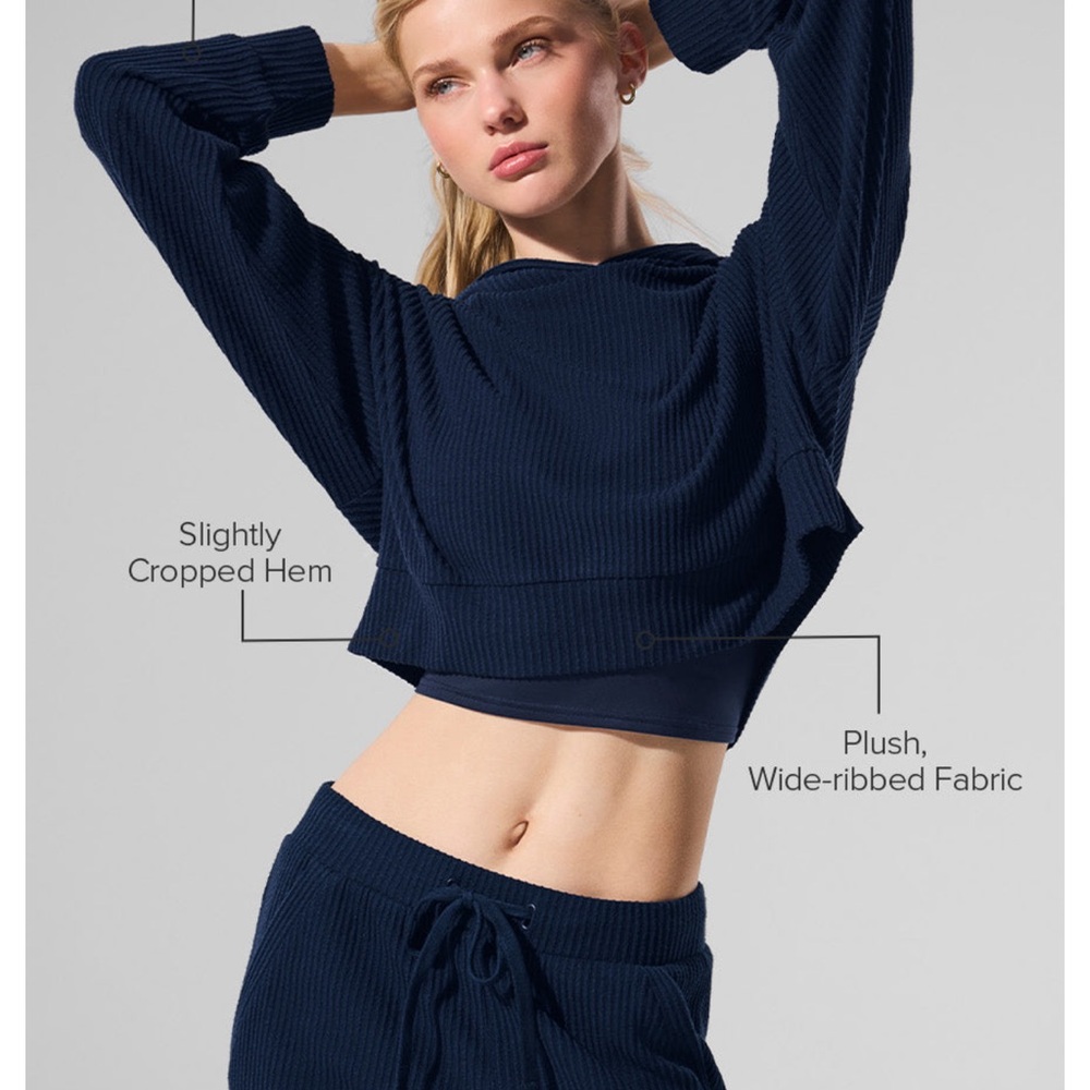 ALO Yoga Navy Blue Ribbed Cropped Hoodie